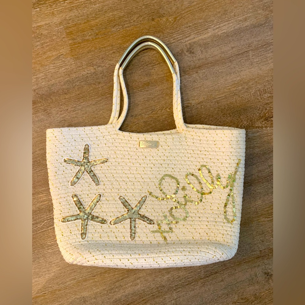 Lilly Pulitzer White and Gold Beach Tote Bag